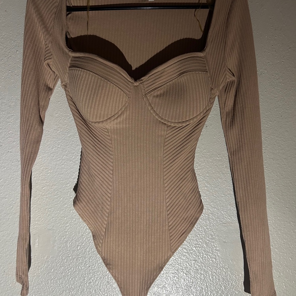 Fashion Nova Beige Ribbed Long Sleeve Bodysuit